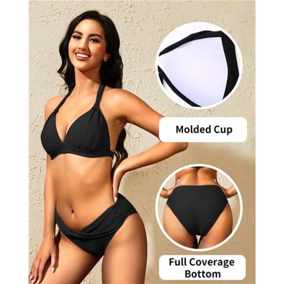 Women Black Two Piece Bathing‎ Suits Push Up Bikini Set Halter Swimsuit - Picture 6 of 6